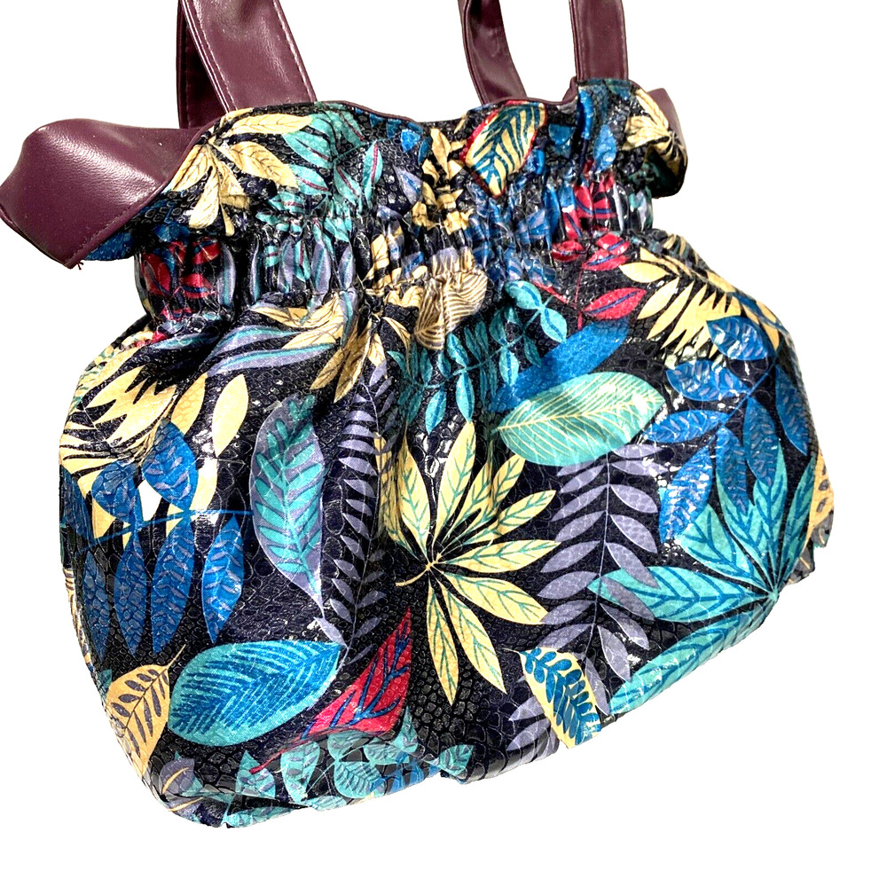 Vintage Bueno Purse Satchel Handbag Wet Look Unique Multi Color Floral Ruffles - Picture 11 of 11